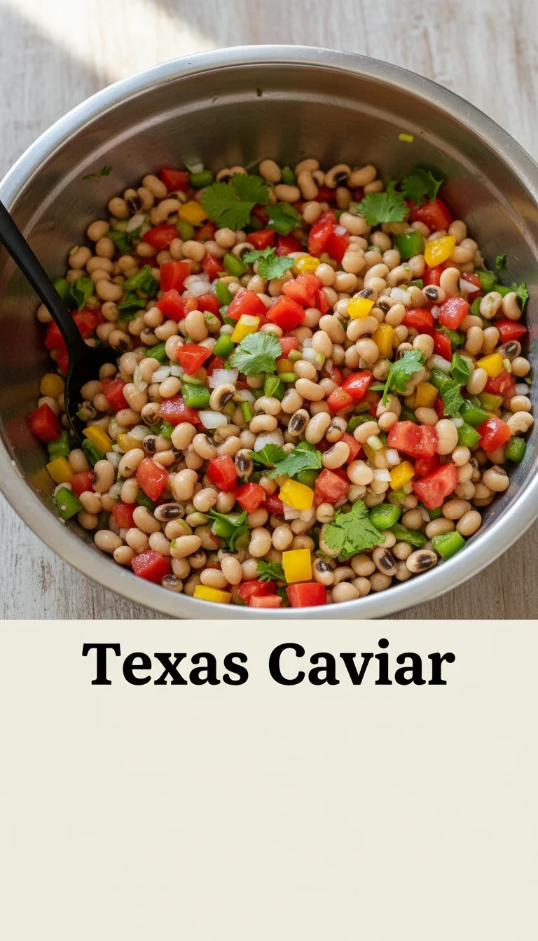 A vertical split layout containing two pictures with the main keyword 'Texas Caviar' in the center. The top photo shows a colorful bowl of fresh black-eyed peas and corn, while the bottom shows a crunchy chip scooping the zesty dip.