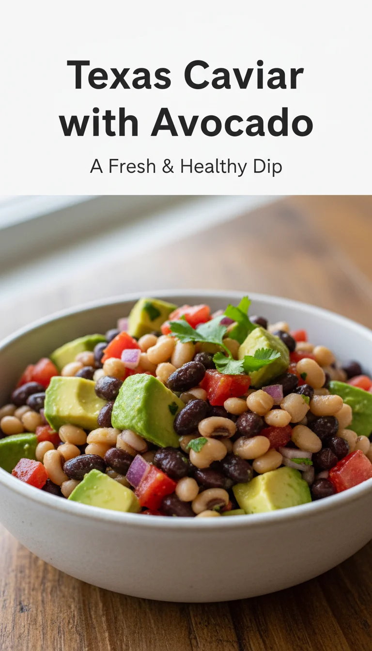 A vertical split layout with two photos of a colorful Texas Caviar with Avocado dip featuring corn and beans, with the main keyword displayed in the center for a festive party setting.