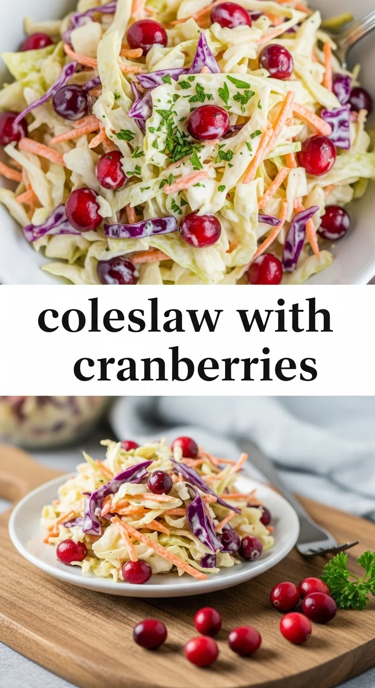 A vertical split layout containing two pictures with the main keyword 'coleslaw with cranberries' in the center. The images show vibrant shredded cabbage and a rich, creamy coleslaw dressing.
