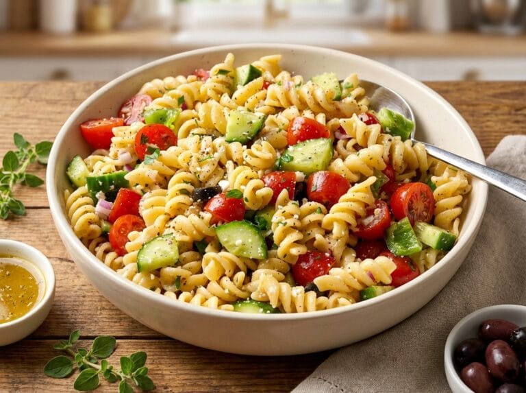 The best Greek Pasta Salad with Homemade Dressing