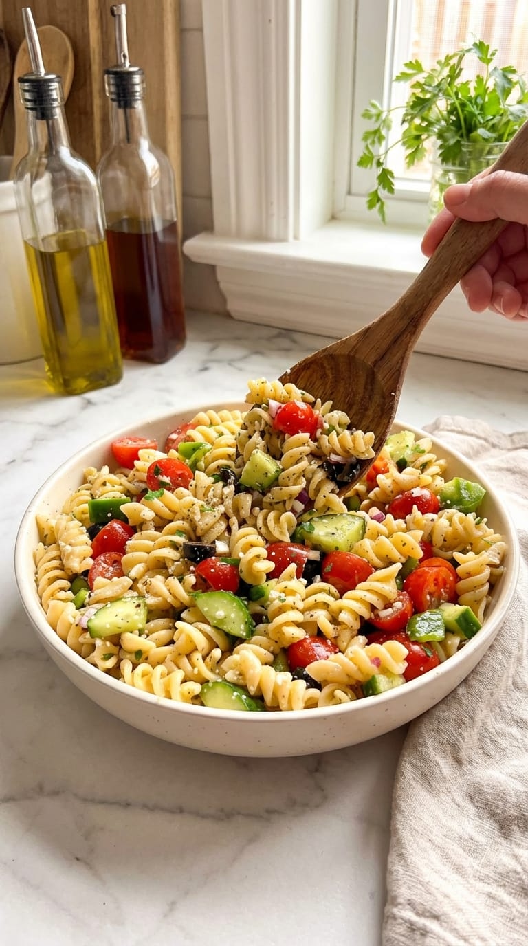 Helth Recipe: Greek Pasta Salad with Homemade Dressing final presentation