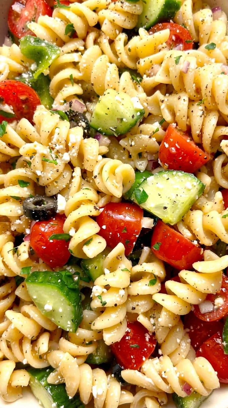 Helth Recipe: Greek Pasta Salad with Homemade Dressing process texture