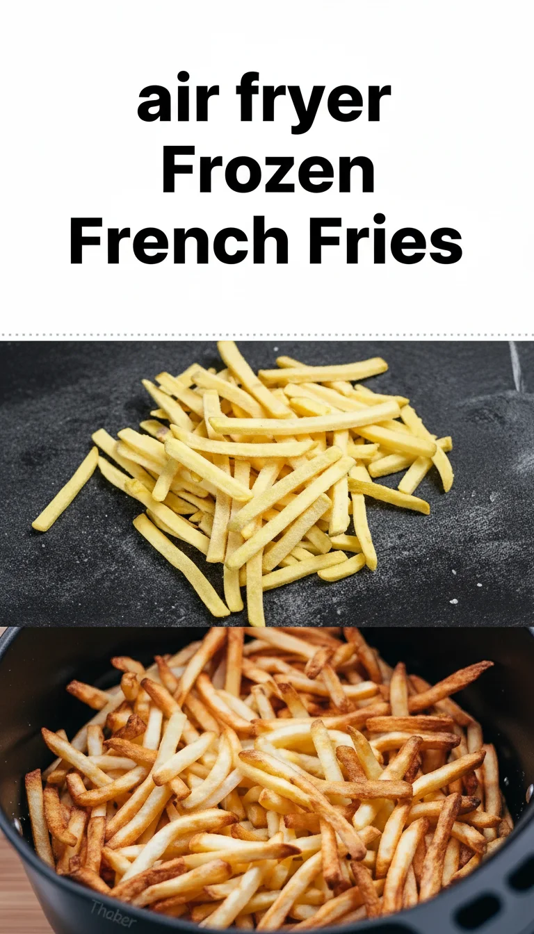 Vertical Pinterest pin with the text 'air fryer Frozen French Fries' at the top and a professional photograph of air fryer Frozen French Fries below it.