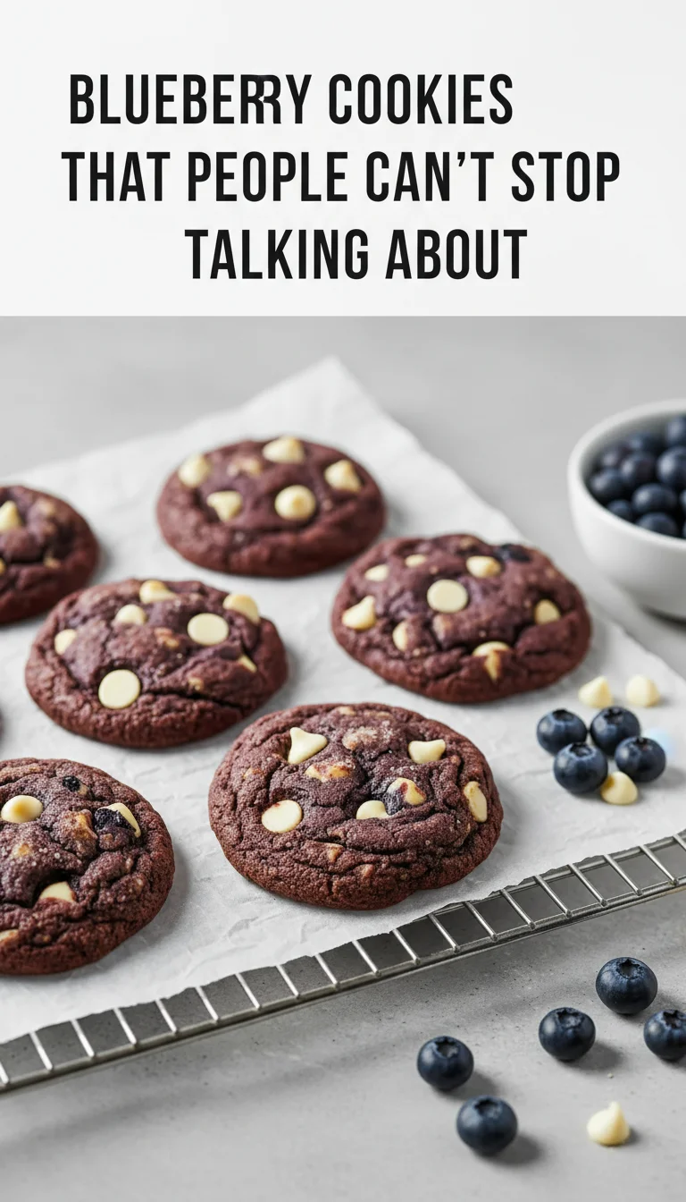A vertical split layout showing two close-up photos of golden-brown blueberry cookies bursting with fresh fruit, with the text 'Blueberry Cookies That People Can’t Stop Talking About' in the center. These vibrant spring cookies look soft, chewy, and professional-grade.