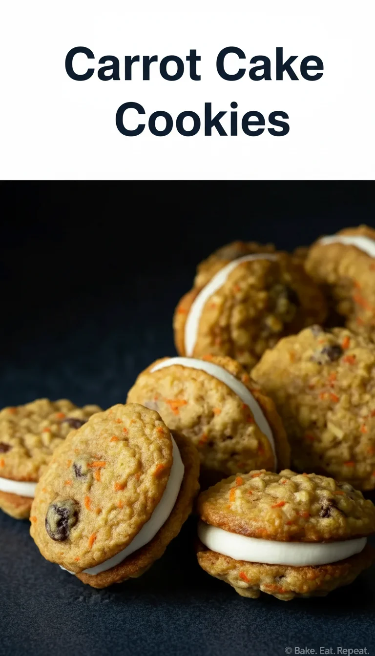Vertical Pinterest pin with the text 'Carrot Cake Cookies' at the top and a professional photograph of soft Carrot Cake Cookies below it, perfect for your spring cookies collection.