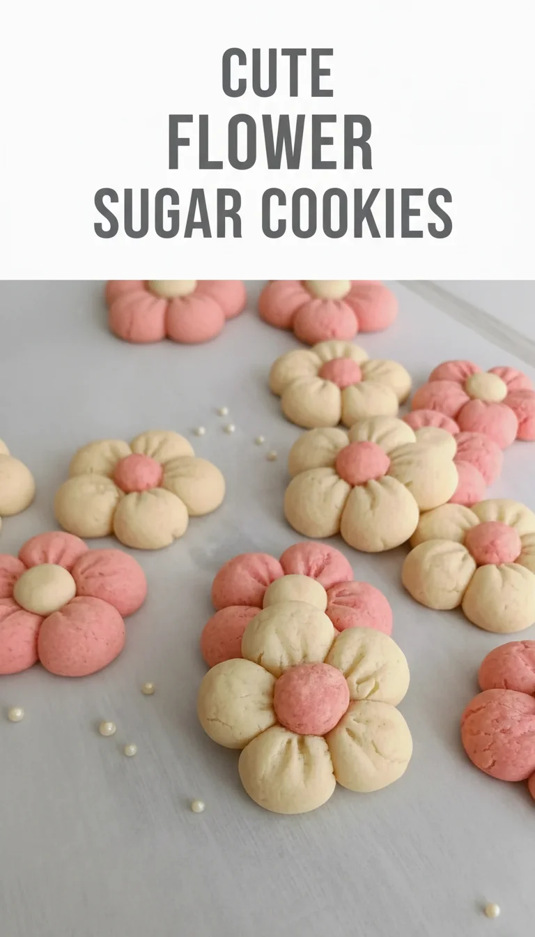 A vertical split layout showing two photos of Cute Flower Sugar Cookies; the top shows floral dough cutouts and the bottom shows iced pastel blossoms. Center text reads 'Cute Flower Sugar Cookies' for spring cookies.