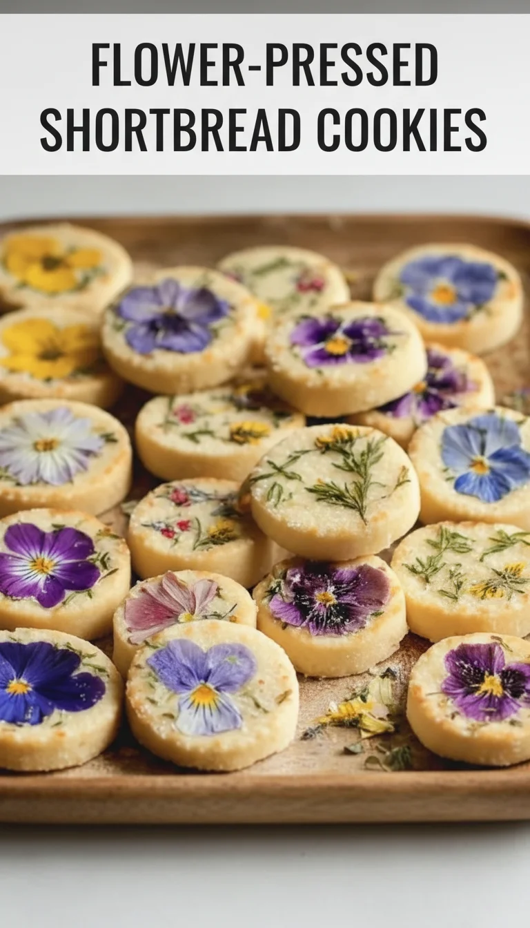 A vertical split layout containing two pictures of golden, buttery cookies adorned with colorful petals. The main keyword 'Flower-Pressed Shortbread Cookies' is in the center, showcasing these elegant spring cookies.