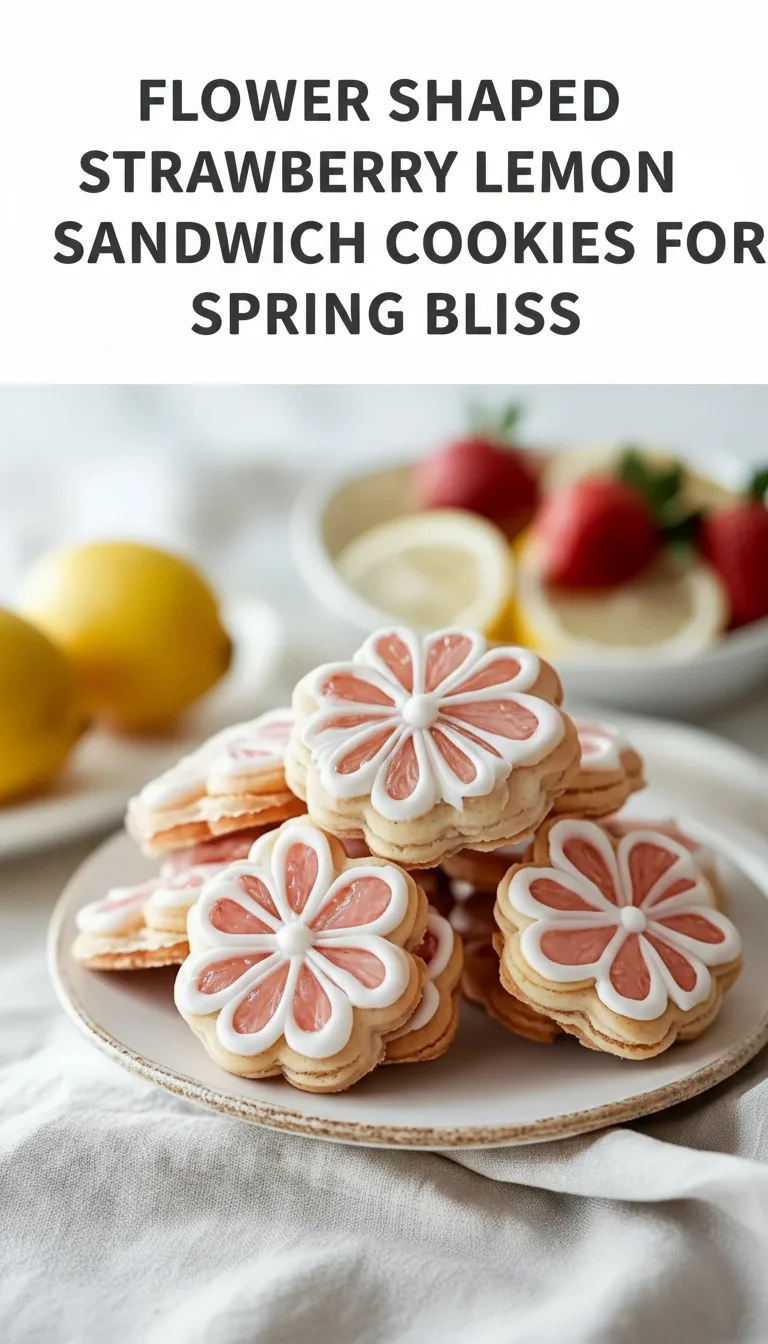A vertical split layout containing two pictures with the main keyword 'Flower Shaped Strawberry Lemon Sandwich Cookies for Spring Bliss' in the center. The images showcase golden flower-shaped cookies filled with vibrant strawberry cream, capturing the essence of spring cookies.