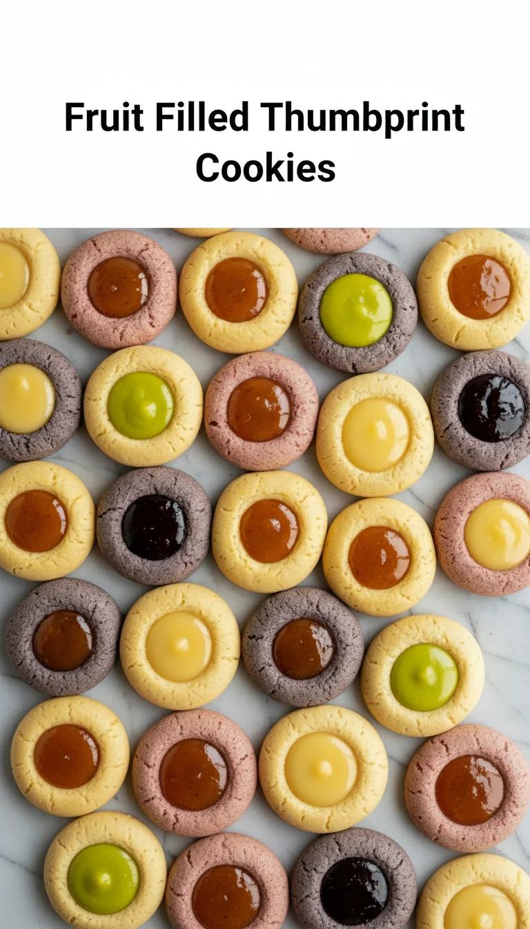 Vertical Pinterest pin with the text 'Fruit Filled Thumbprint Cookies' at the top and a professional photograph of Fruit Filled Thumbprint Cookies below it.
