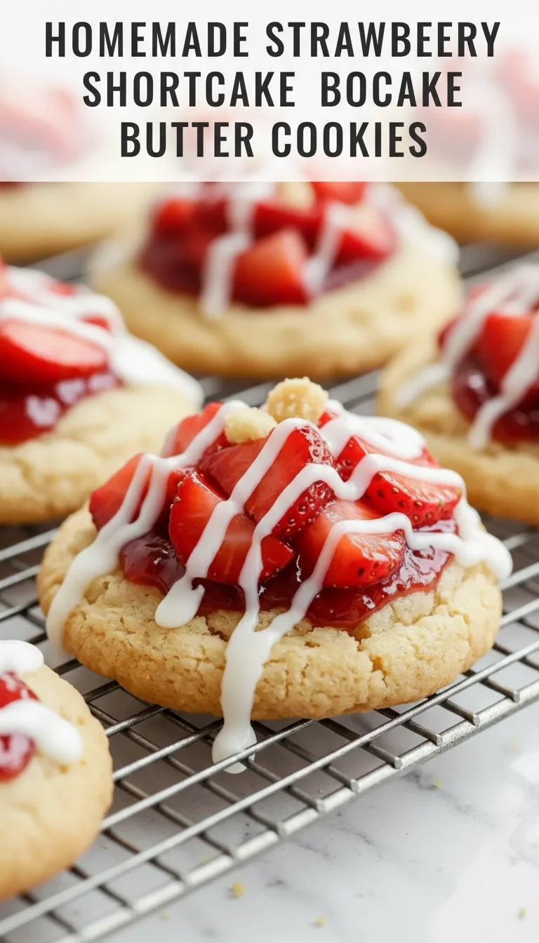 A vertical split layout containing two pictures with the main keyword 'Homemade Strawberry Shortcake Butter Cookies' in the center. The images showcase golden, buttery spring cookies with fresh strawberry bursts.