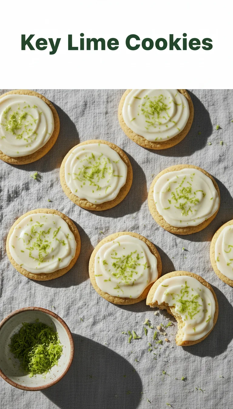 Vertical Pinterest pin with the text 'Key Lime Cookies' at the top and a professional photograph of Key Lime Cookies below it, perfect for your spring cookies collection.