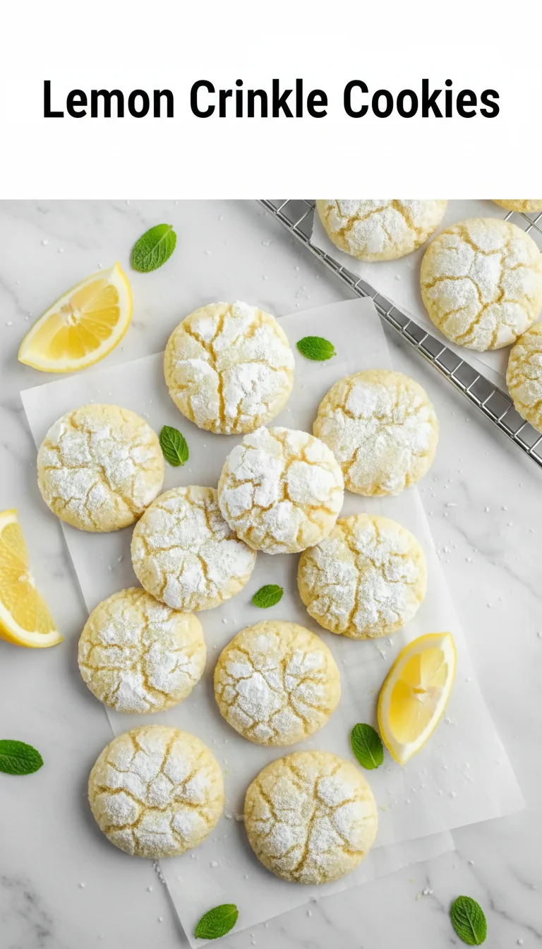 Vertical Pinterest pin with the text 'Lemon Crinkle Cookies' at the top and a professional photograph of Lemon Crinkle Cookies below it, perfect for your spring cookies collection.