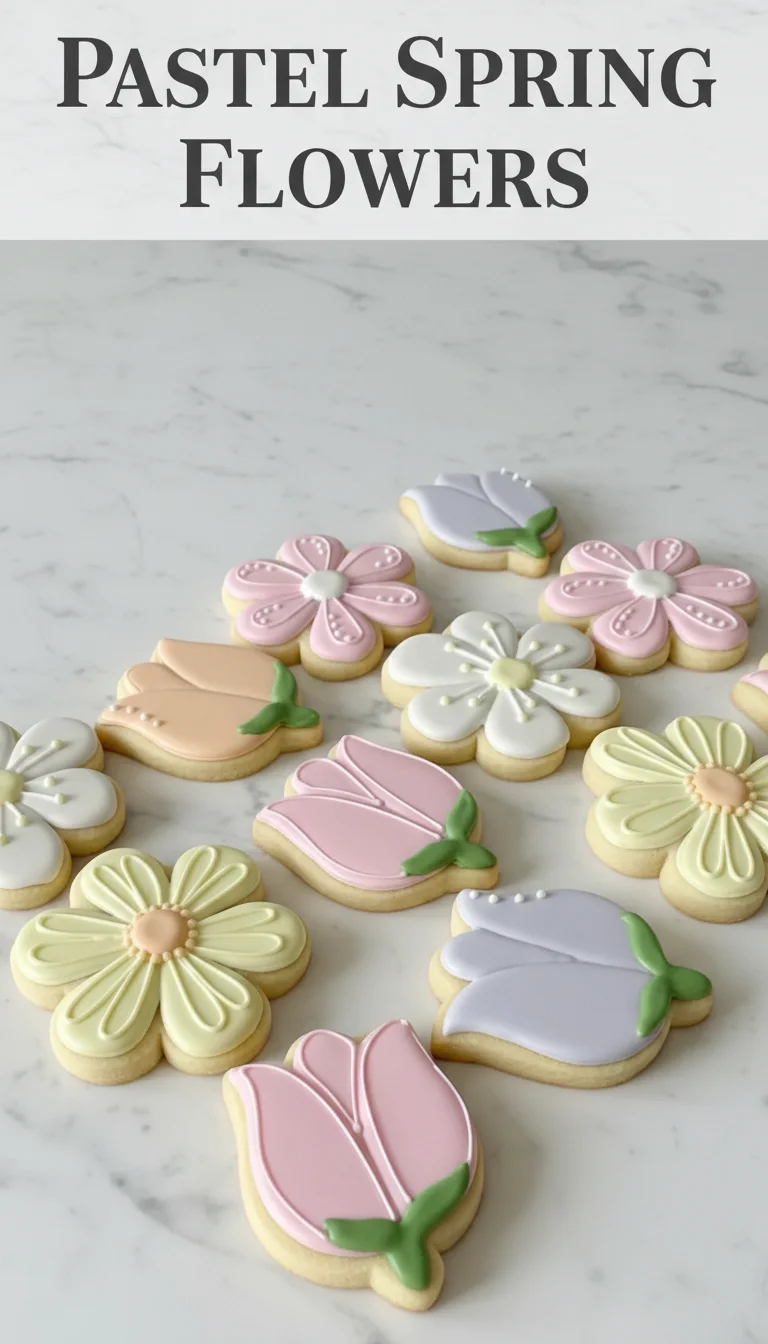 A vertical split layout featuring vibrant Pastel Spring Flowers on the top and beautifully decorated, appetizing spring cookies on the bottom, with the text 'Pastel Spring Flowers' in the center.