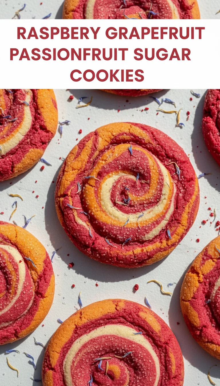 A vertical split layout featuring two close-up photos of colorful Raspberry Grapefruit Passionfruit Sugar Cookies with the recipe name in the center. These zesty spring cookies are golden brown and topped with a bright fruit glaze.