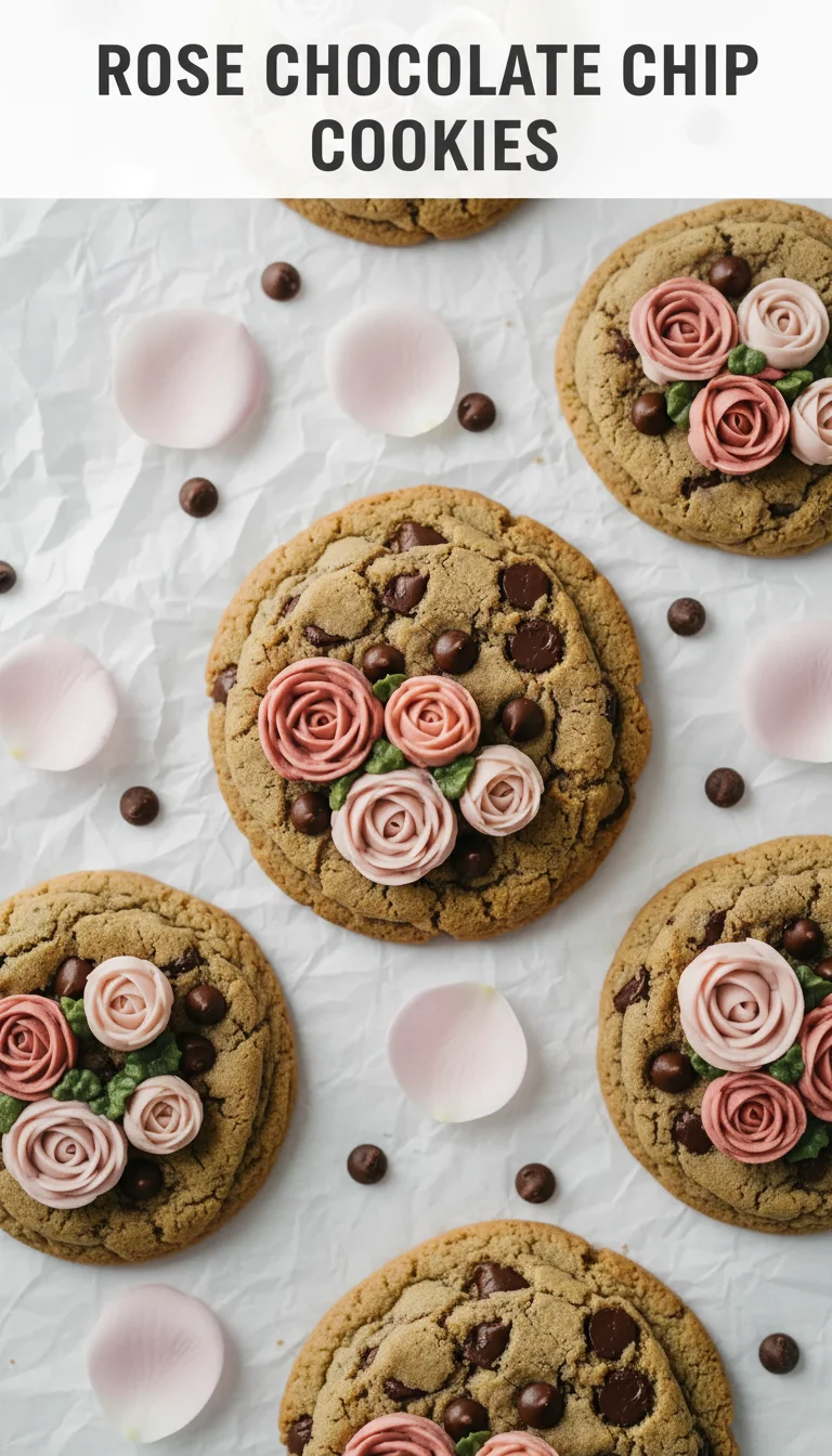 A vertical split layout containing two pictures of decadent Rose Chocolate Chip Cookies with pink floral accents. The text 'Rose Chocolate Chip Cookies' is centered. Perfect spring cookies.