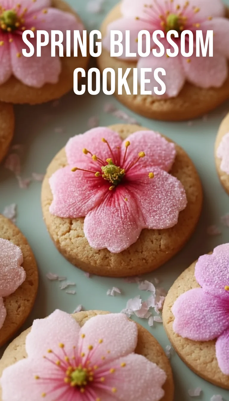 A vertical split layout containing two pictures of delicate, sugar-coated Spring Blossom Cookies with the main keyword 'Spring Blossom Cookies' in the center. These vibrant spring cookies look soft and appetizing.