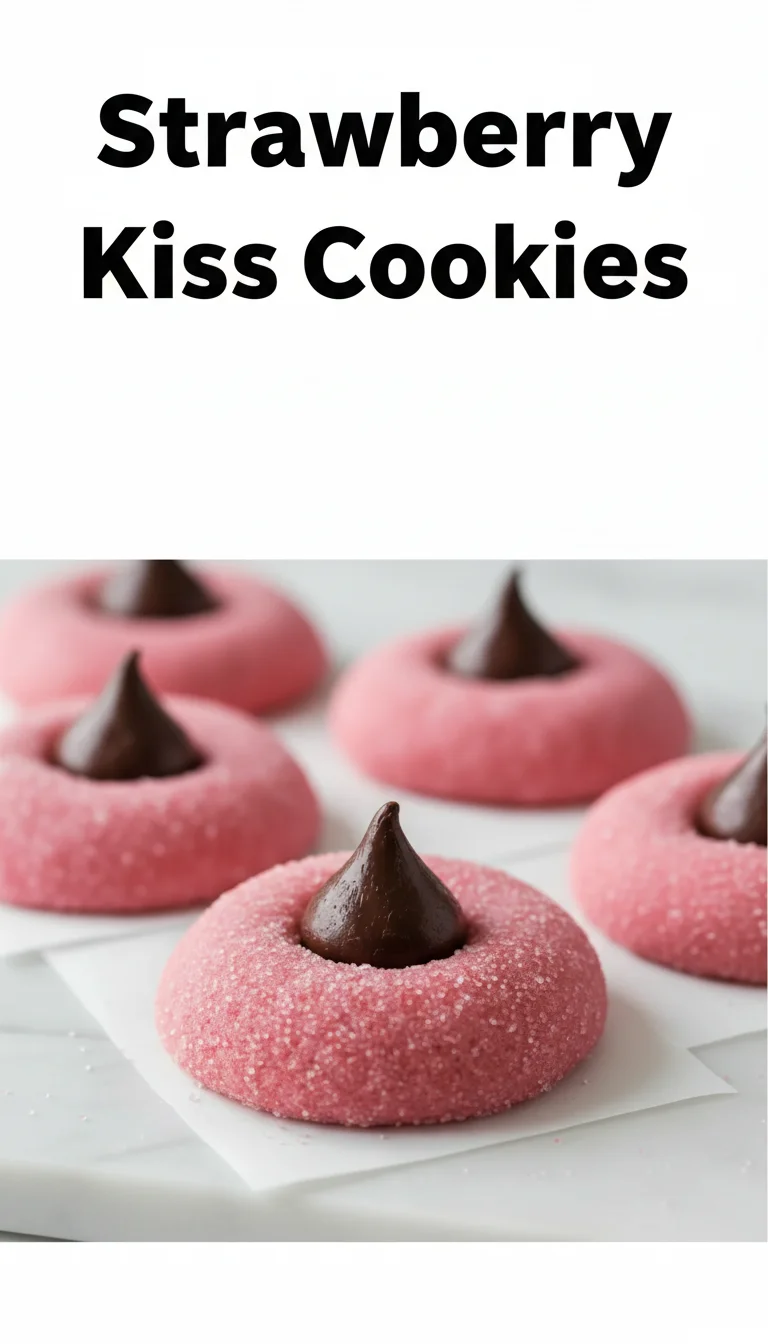 Vertical Pinterest pin with the text 'Strawberry Kiss Cookies' at the top and a professional photograph of Strawberry Kiss Cookies below it, perfect for your spring cookies collection.