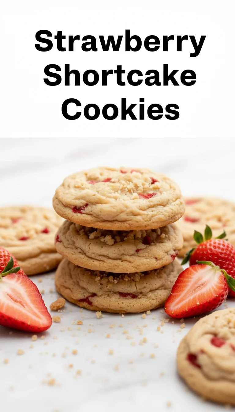 Vertical Pinterest pin with the text 'Strawberry Shortcake Cookies' at the top and a professional photograph of Strawberry Shortcake Cookies below it, ideal for vibrant spring cookies.
