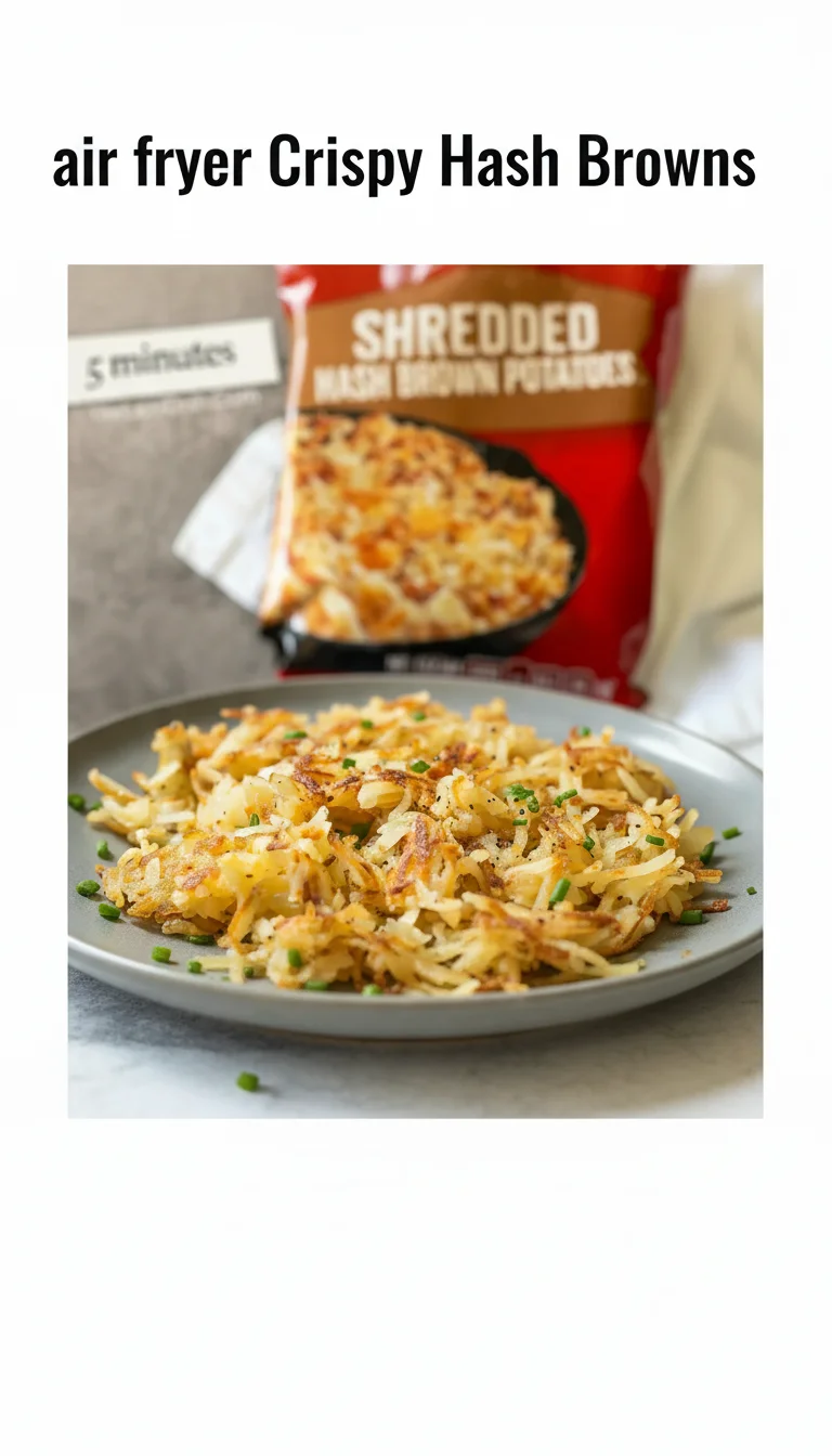 Vertical Pinterest pin with the text 'air fryer Crispy Hash Browns' at the top and a professional photograph of air fryer Crispy Hash Browns below it.