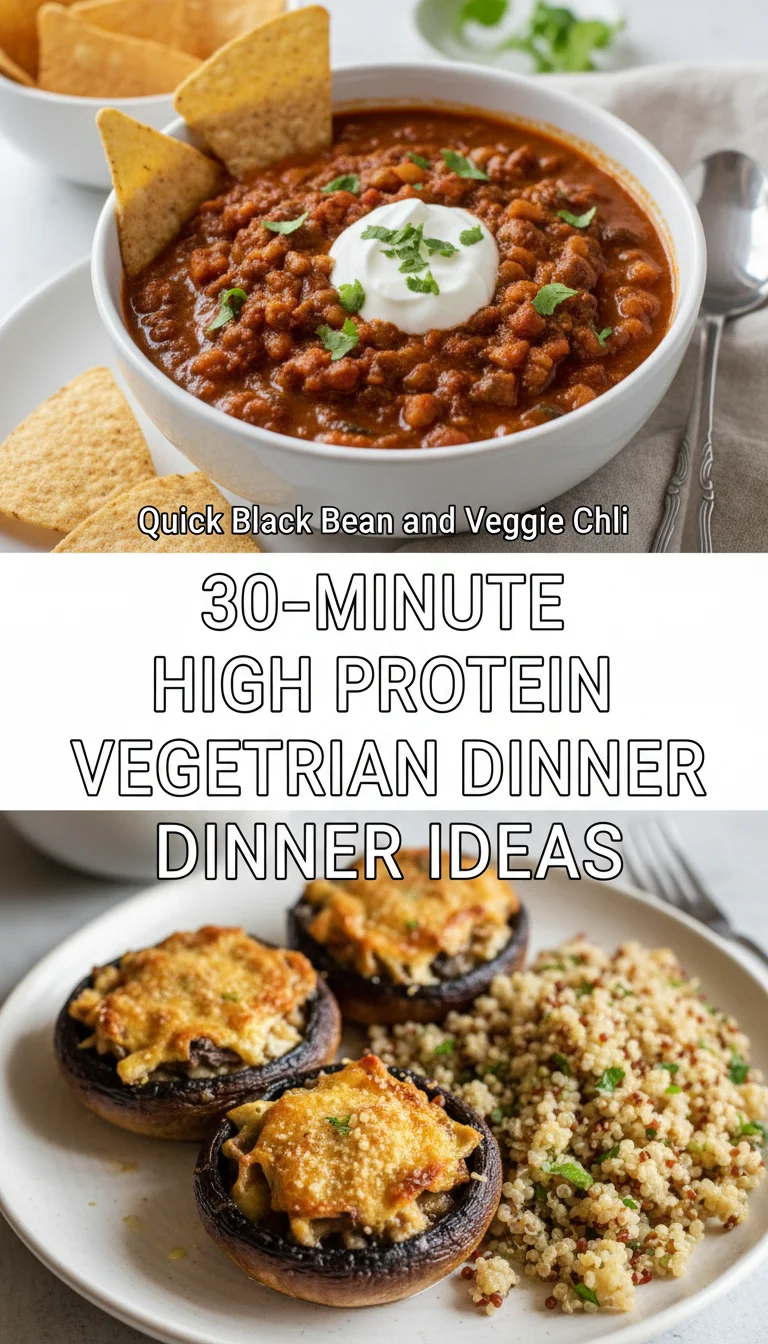 A vertical split layout featuring two delicious images: a bowl of vibrant roasted chickpeas over quinoa on top and a shimmering, spicy lentil stew on the bottom. The keyword 30-minute high protein vegetarian dinner ideas is centered between the two mouthwatering dishes.