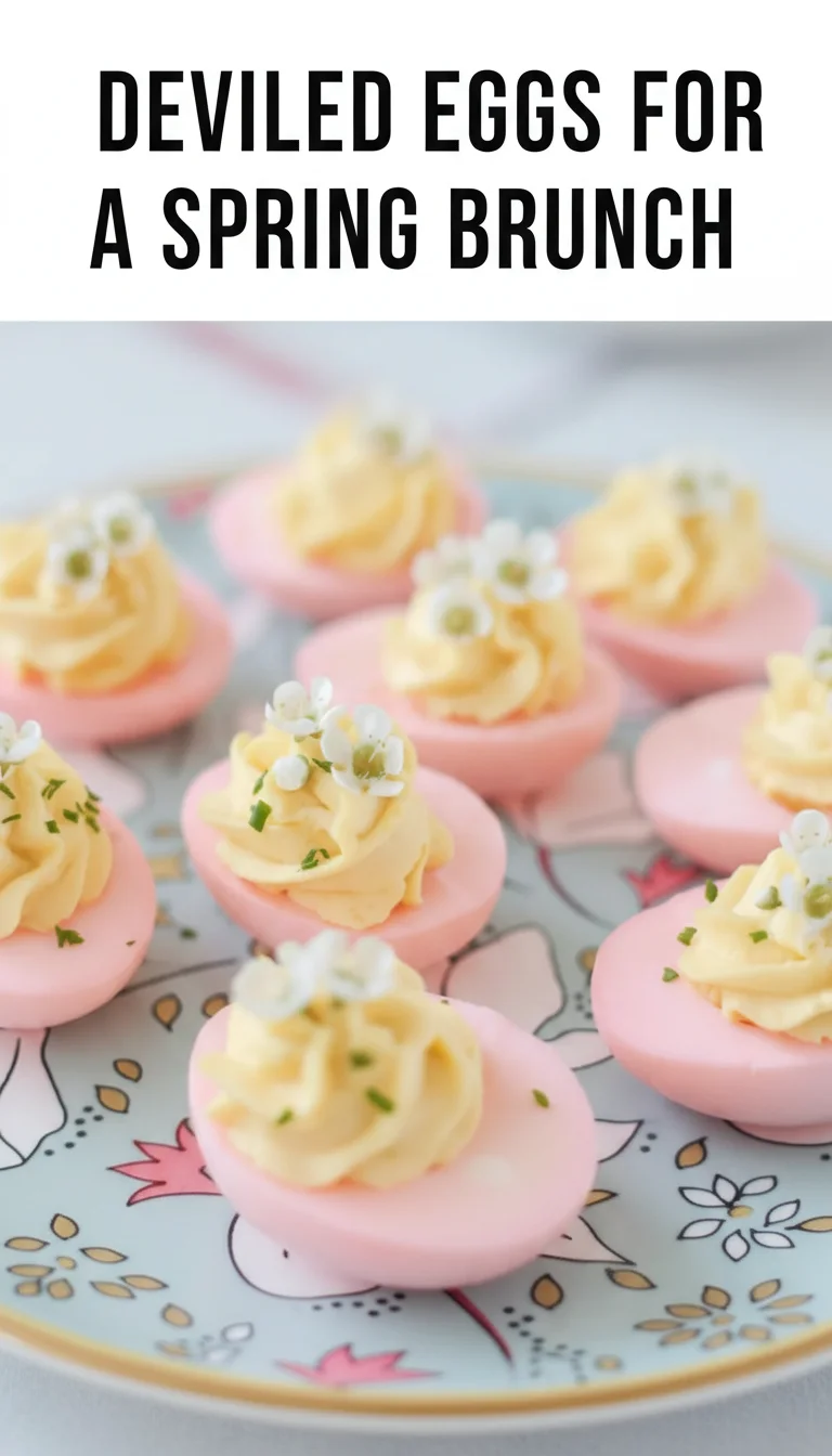 A vertical split layout containing two pictures with the main keyword 'Deviled Eggs for a Spring Brunch' in the center. The images showcase creamy, gold-filled eggs garnished with fresh chives and paprika, looking delicious for a festive occasion.