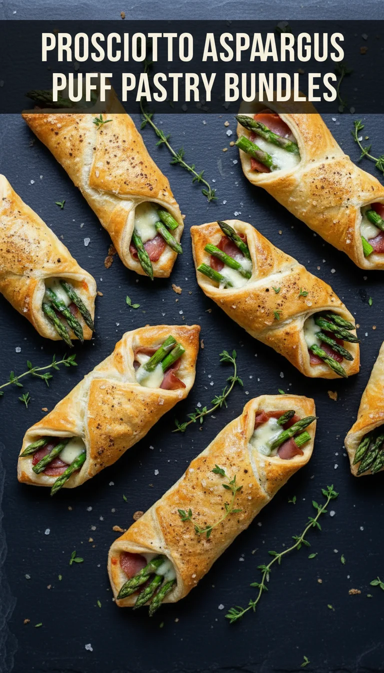 A vertical split layout containing two pictures with the main keyword 'Prosciutto Asparagus Puff Pastry Bundles' in the center. The top image shows golden, flaky pastry wrapped around vibrant green asparagus and savory prosciutto, while the bottom reveals a close-up of the crispy, seasoned bundles served on a rustic wooden platter.