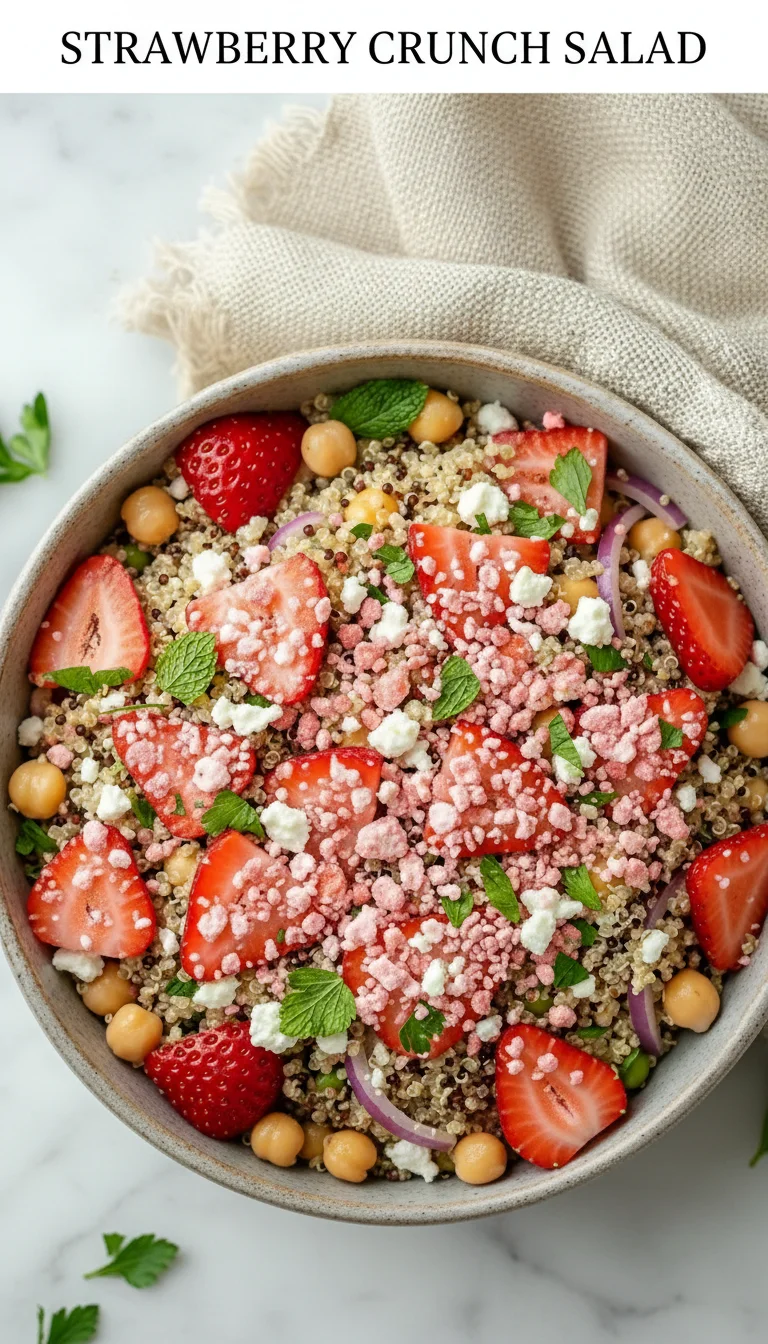 A vertical split layout containing two pictures with the main keyword 'Strawberry Crunch Salad' in the center. The top image showcases vibrant, freshly sliced strawberries and golden toasted nuts, while the bottom image features the complete, appetizing salad drizzled with a creamy poppy seed dressing.
