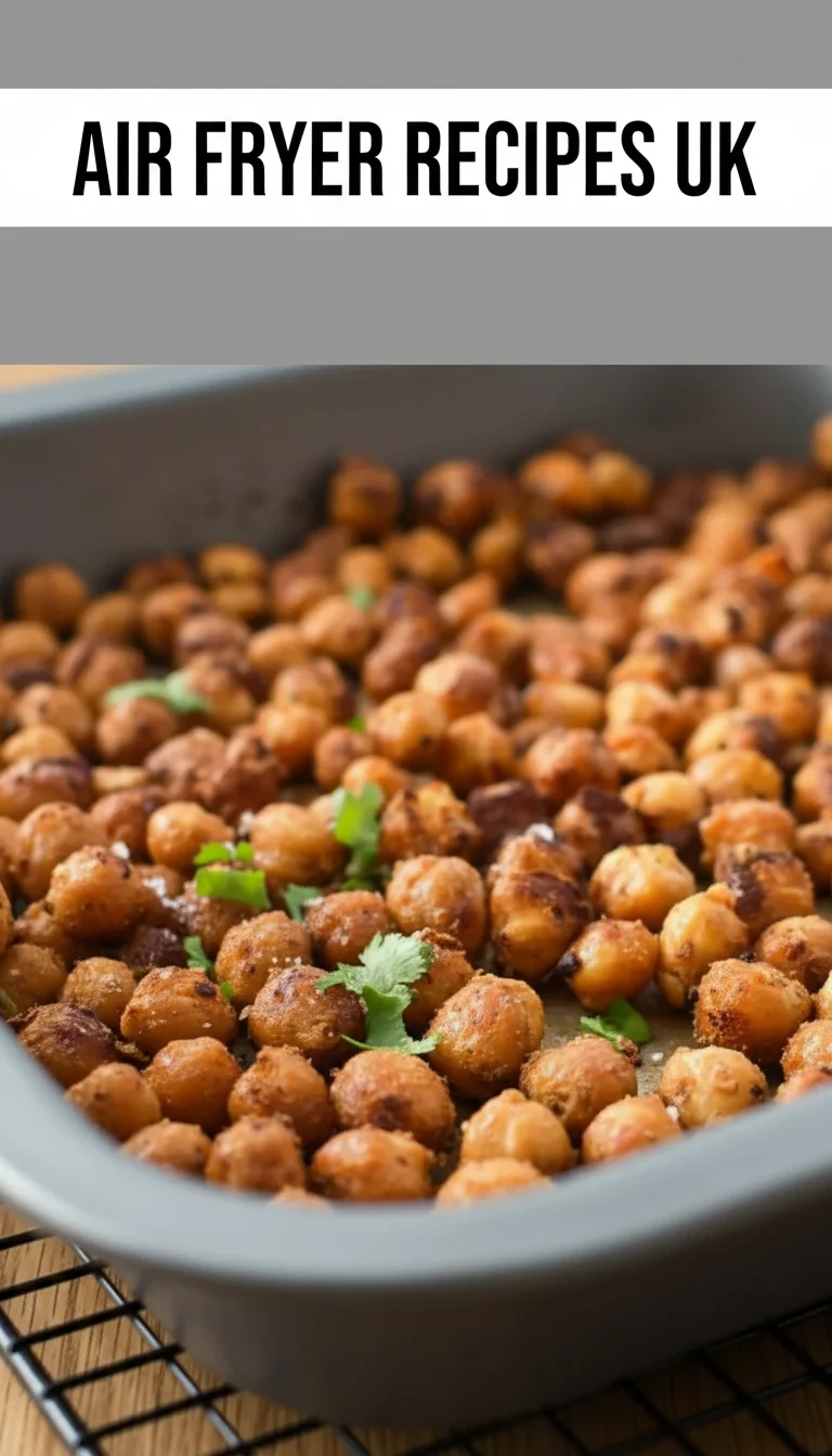 A vertical split layout containing two pictures of golden roast potatoes and seasoned chicken. The text 'air fryer recipes uk' is in the center, showcasing appetizing and healthy home-cooked meals.