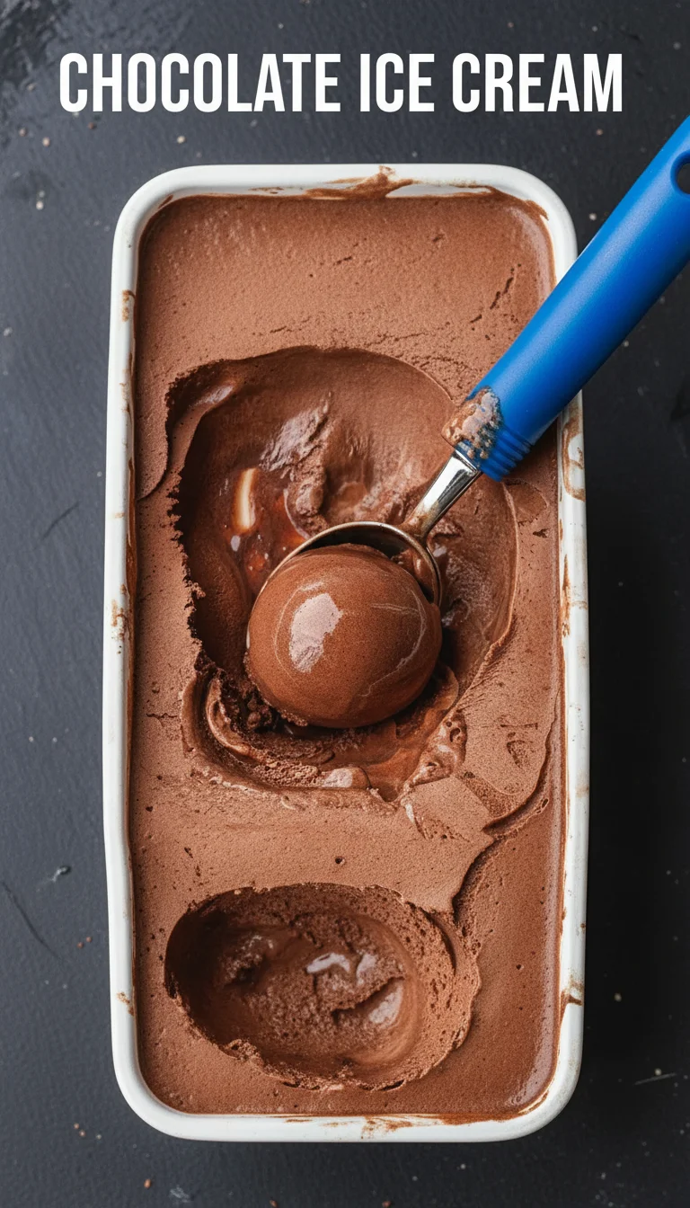 A vertical split layout featuring two delicious photos of rich, velvety Chocolate Ice Cream topped with chocolate curls. The title 'Chocolate Ice Cream' is centered between the images, evoking the joy of a summer treat.