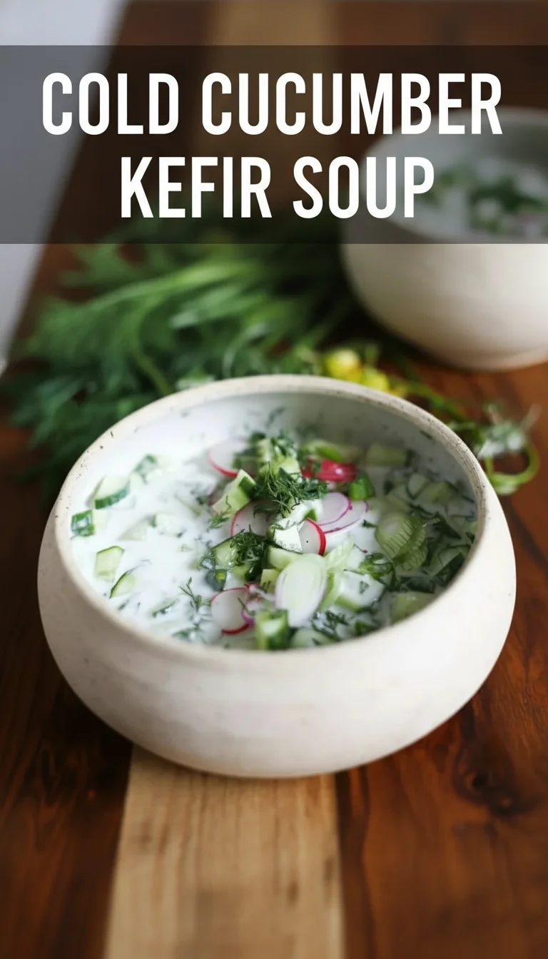 A vertical split layout containing two pictures with the main keyword 'cold cucumber kefir soup' in the center; the top shows a creamy, green soup garnished with dill and the bottom shows fresh cucumbers on a rustic table.