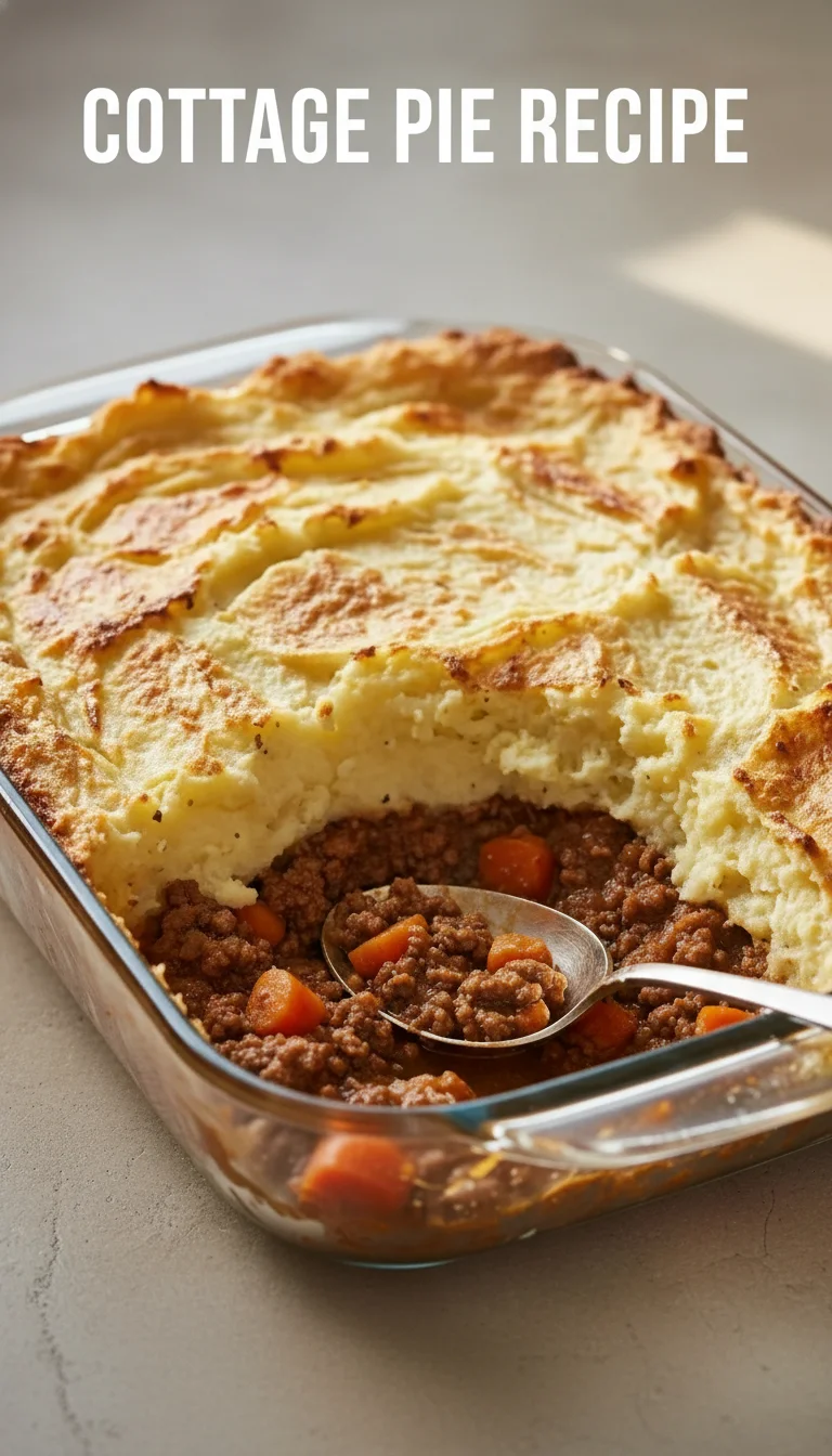 A vertical split layout containing two pictures with the main keyword 'cottage pie recipe' in the center. The top shows a golden, bubbly mashed potato topping, and the bottom shows the rich meat filling. Perfect for cozy evenings.