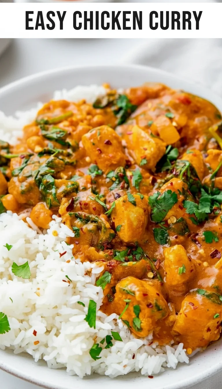 Vertical split layout with two appetizing pictures of a golden easy chicken curry with fresh cilantro; the text 'easy chicken curry' is placed in the center.