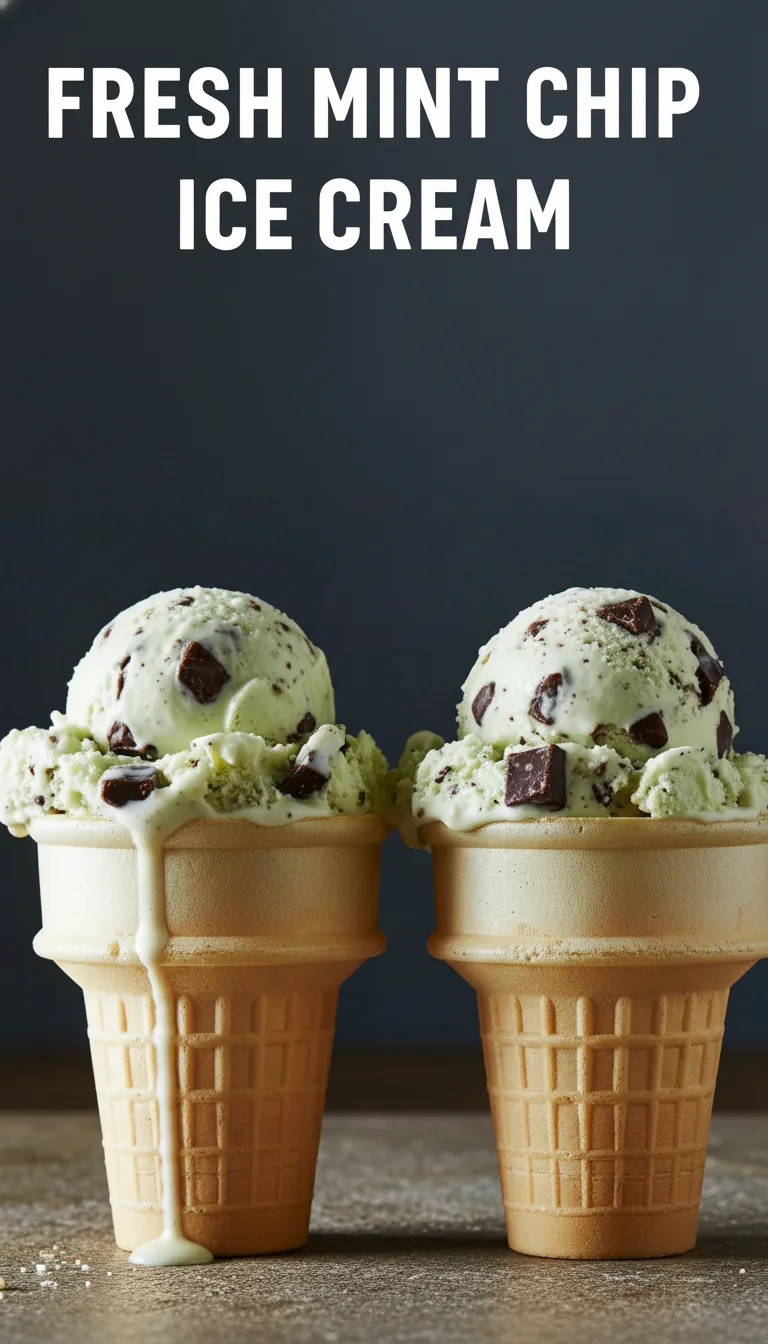 A vertical split layout containing two pictures with the main keyword 'Fresh Mint Chip Ice Cream' in the center. The top shows a scoop of creamy, vibrant green ice cream with dark chocolate flecks. The bottom features fresh mint leaves on a sun-drenched table, perfect for a summer day.