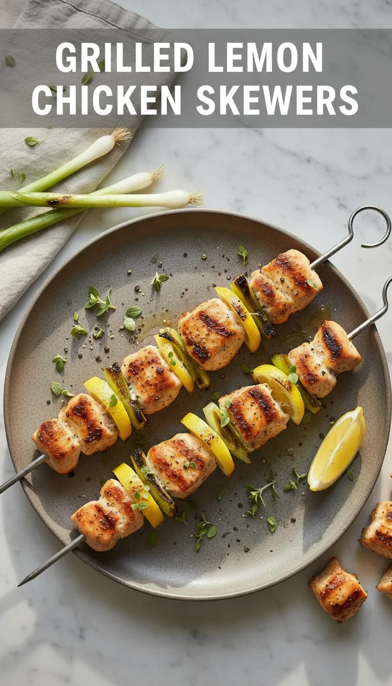 A vertical split layout containing two pictures with the main keyword 'Grilled Lemon Chicken Skewers' in the center. The top image shows the skewers sizzling with a golden char, while the bottom showcases them served fresh for a vibrant summer feast.