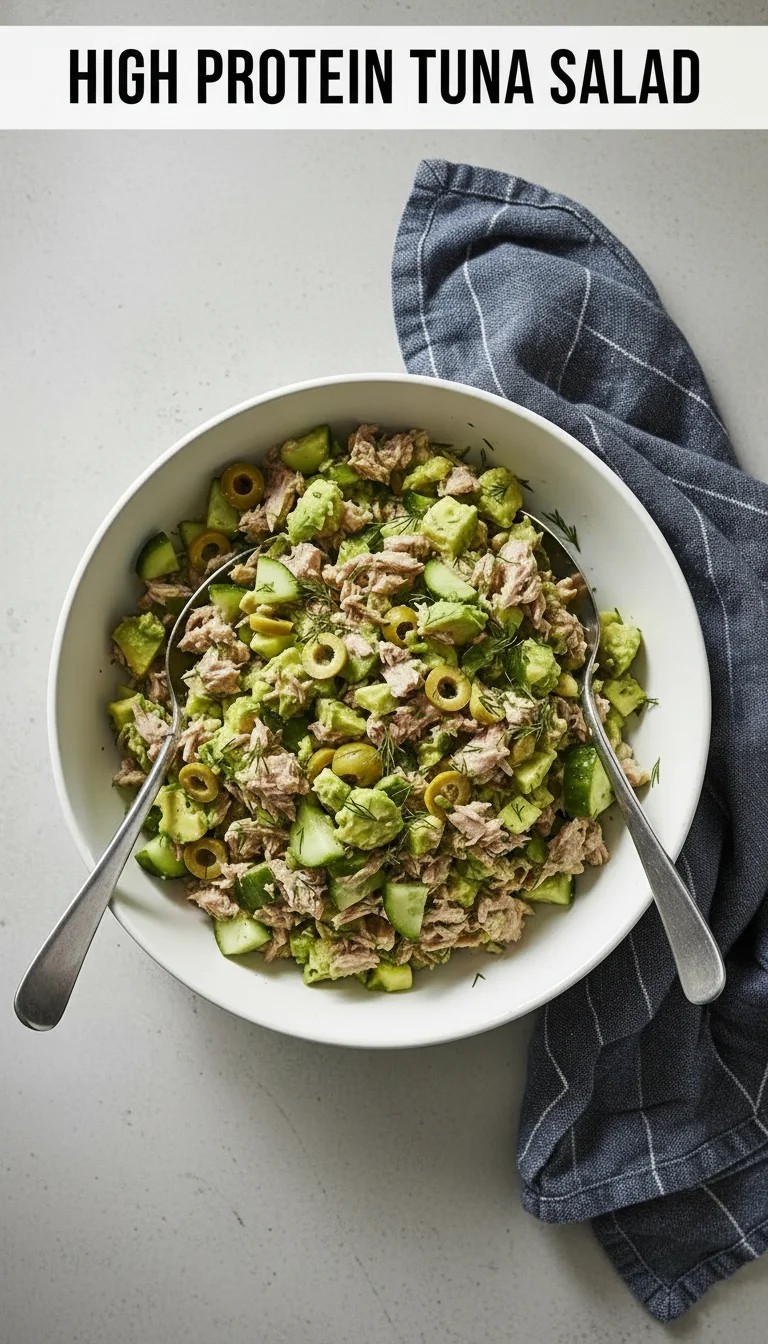 A vertical split layout featuring two delicious views of high protein tuna salad with fresh lemon zest and greens. The text 'high protein tuna salad' is prominently placed in the center.