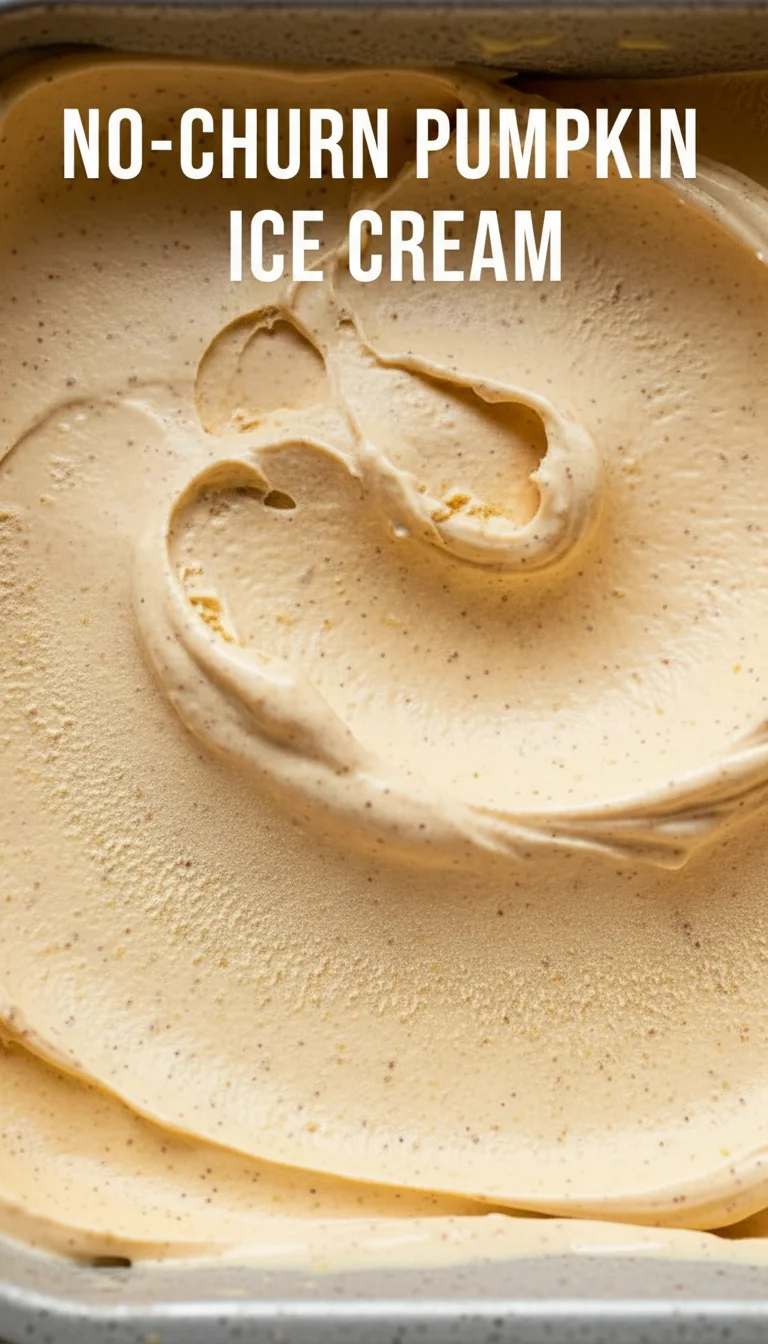 A vertical split layout containing two pictures with the main keyword 'No-Churn Pumpkin Ice Cream' in the center. The top shows a scoop of vibrant pumpkin ice cream in a rustic bowl, and the bottom shows the smooth, creamy mixture in a sun-drenched summer kitchen.