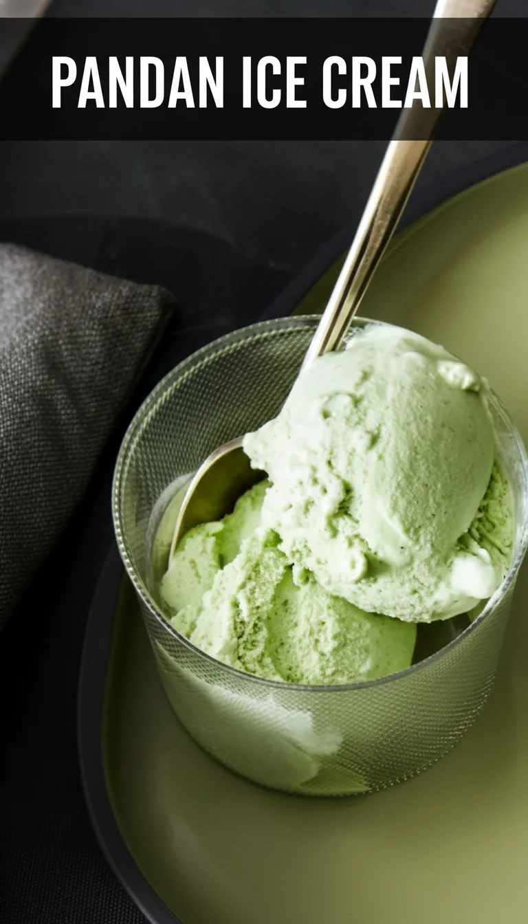 A vertical split layout containing two pictures with the main keyword 'Pandan Ice Cream' in the center. The top photo shows creamy, vibrant green scoops in a rustic ceramic bowl, and the bottom photo shows fresh pandan leaves on a sun-drenched wooden table, capturing the essence of a refreshing summer treat.
