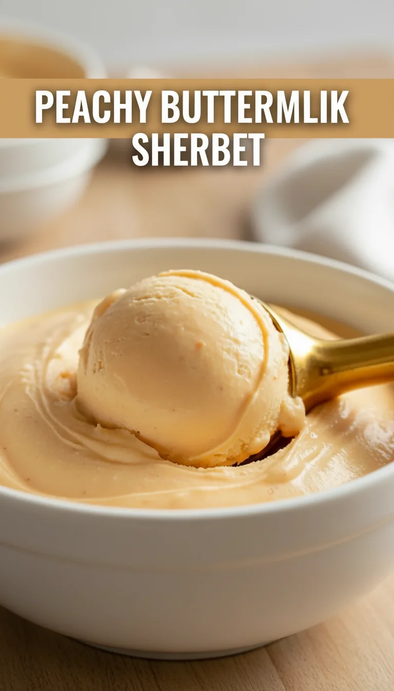 A vertical split layout containing two pictures with the main keyword 'Peachy Buttermilk Sherbet' in the center. The images showcase creamy, vibrant scoops of sherbet in a rustic bowl, capturing the essence of a refreshing summer afternoon.