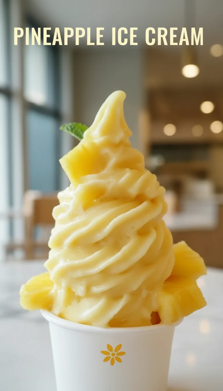 A vertical split layout containing two pictures with the main keyword 'Pineapple Ice Cream' in the center. The top shows fresh golden pineapple chunks in a rustic bowl, while the bottom displays a scoop of creamy, vibrant yellow Pineapple Ice Cream in a sun-drenched summer setting.