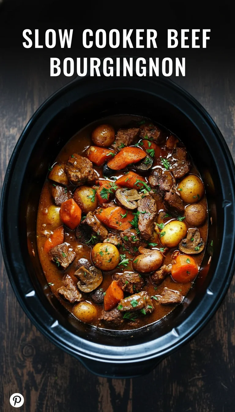 A vertical split layout containing two pictures of a steaming, rich slow cooker beef bourguignon with tender chunks of meat and vegetables. The keyword 'slow cooker beef bourguignon' is in the center.