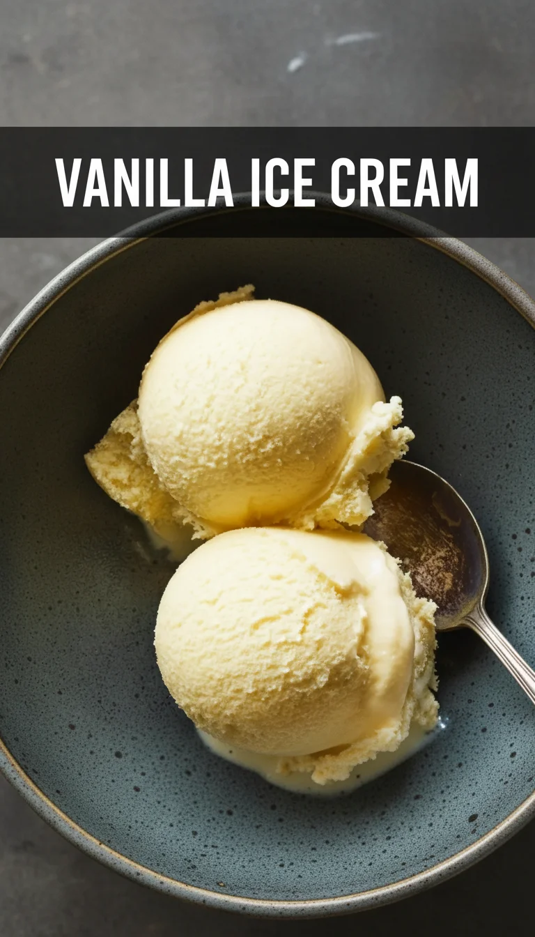 A vertical split layout containing two pictures with the main keyword 'Vanilla Ice Cream' in the center, showcasing realistic, creamy scoops of vanilla ice cream for a perfect summer treat.