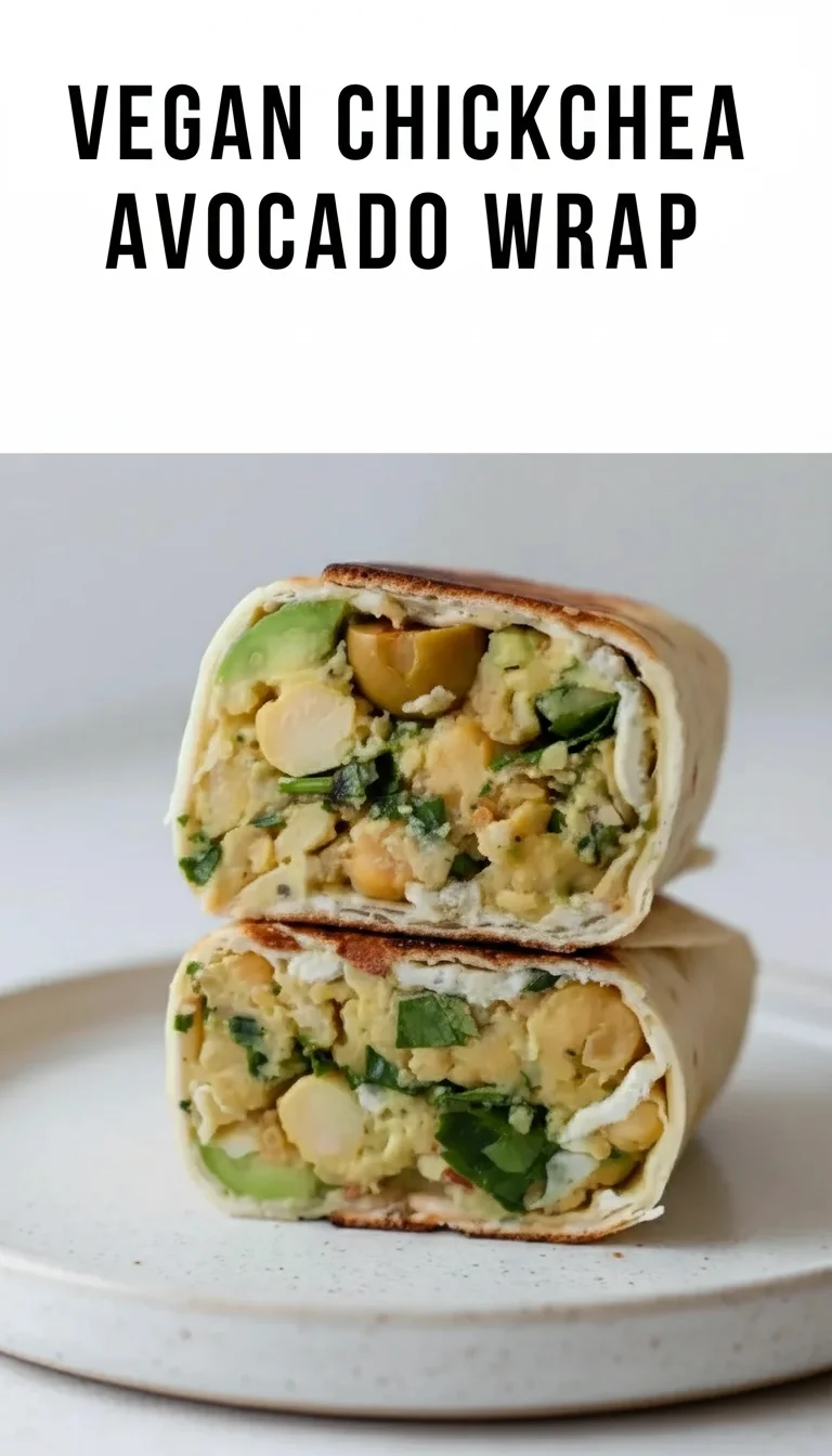 A vertical split layout containing two pictures with the main keyword 'vegan chickpea avocado wrap' in the center. The top shows creamy avocado and seasoned chickpeas, and the bottom shows a sliced wrap revealing fresh, colorful vegetables.