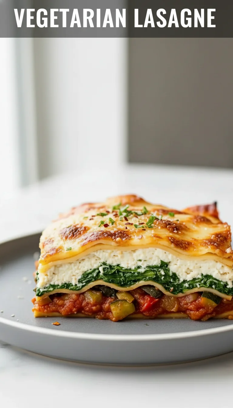 A vertical split layout containing two pictures with the main keyword 'vegetarian lasagne' in the center. The top image showcases a bubbling, golden-brown crust of melted cheese, while the bottom image shows a moist, multi-layered slice bursting with fresh vegetables and rich marinara, ideal for a cozy family meal.