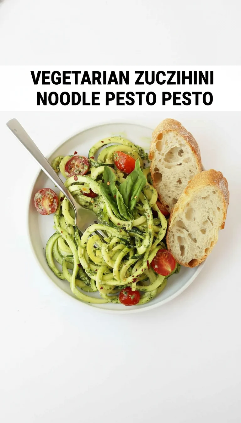 A vertical split layout containing two pictures with the main keyword 'vegetarian zucchini noodle pesto' in the center. The top image shows fresh, vibrant zucchini noodles being tossed in a fragrant, emerald-green basil pesto, while the bottom image features the finished dish served in a rustic bowl, garnished with toasted pine nuts and a signature citrus twist for a mindful meal.